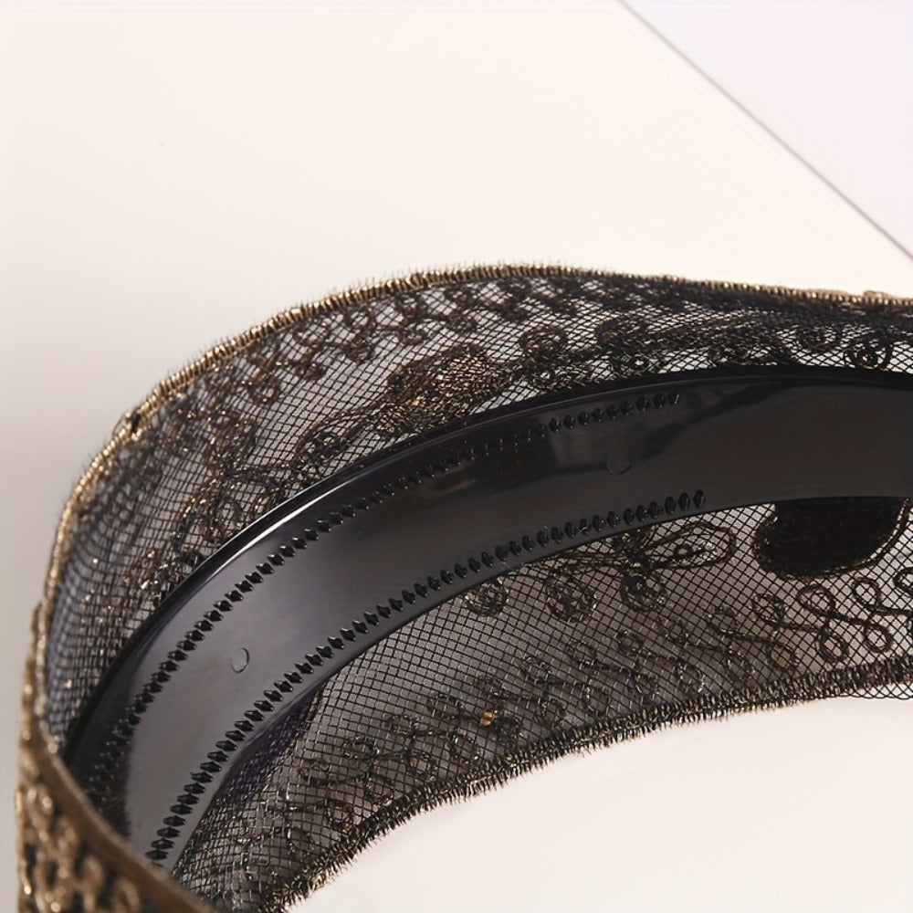 Wide Headbands for Women 2 Pack Lace Embroidered Sequin Flower Hair Hoops – Non-Slip Retro Chic Wide Hair Band for Daily Wear Spring Summer Styling Elegant Gift Set 2 Colors Black Red