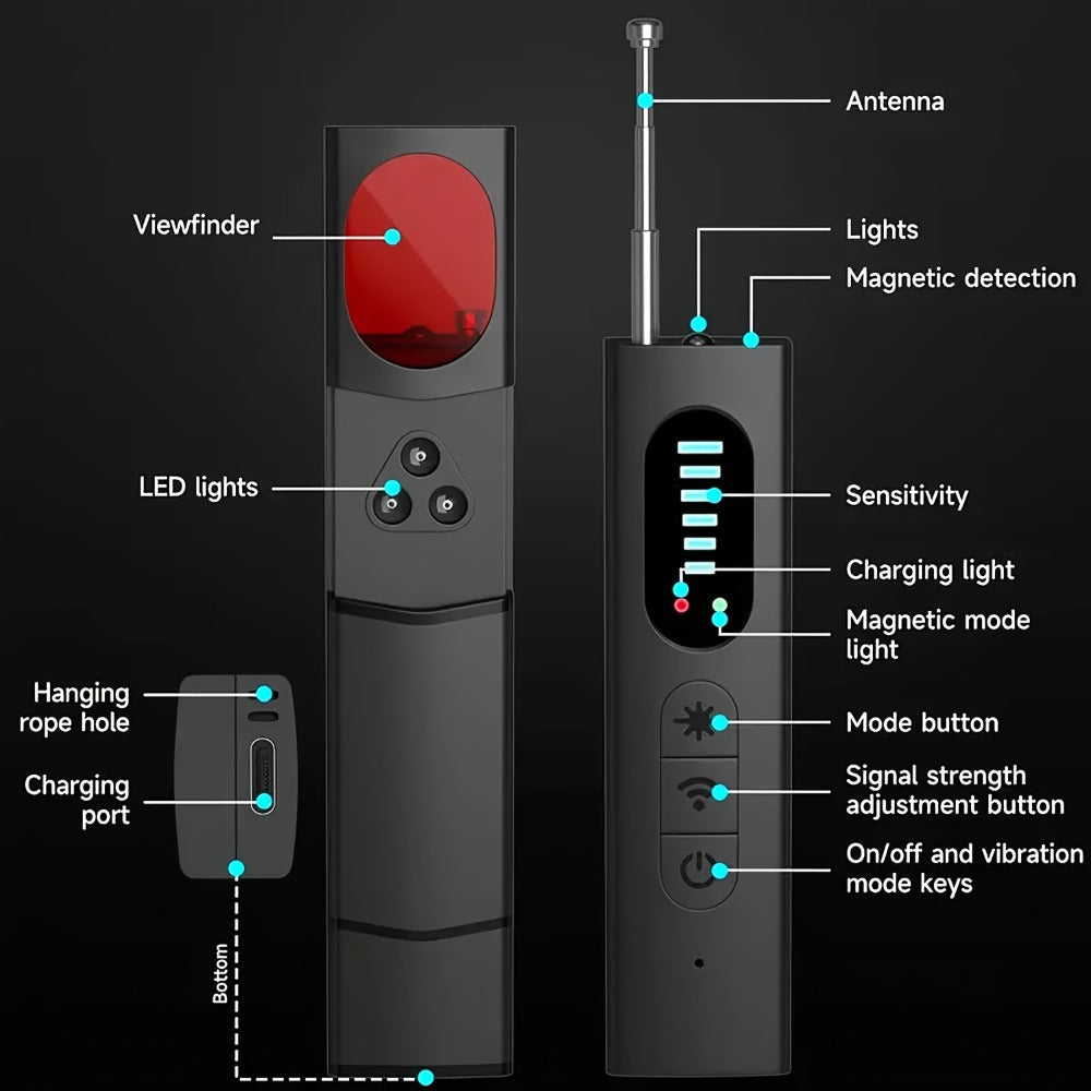 Anti Spy Hidden Camera Detector RF Signal Scanner Portable Bug Detector, GPS Tracker Finder, Listening Device Detector, Rechargeable Wireless Security Sweep Tool for Travel Hotel Airbnb Car Home Office