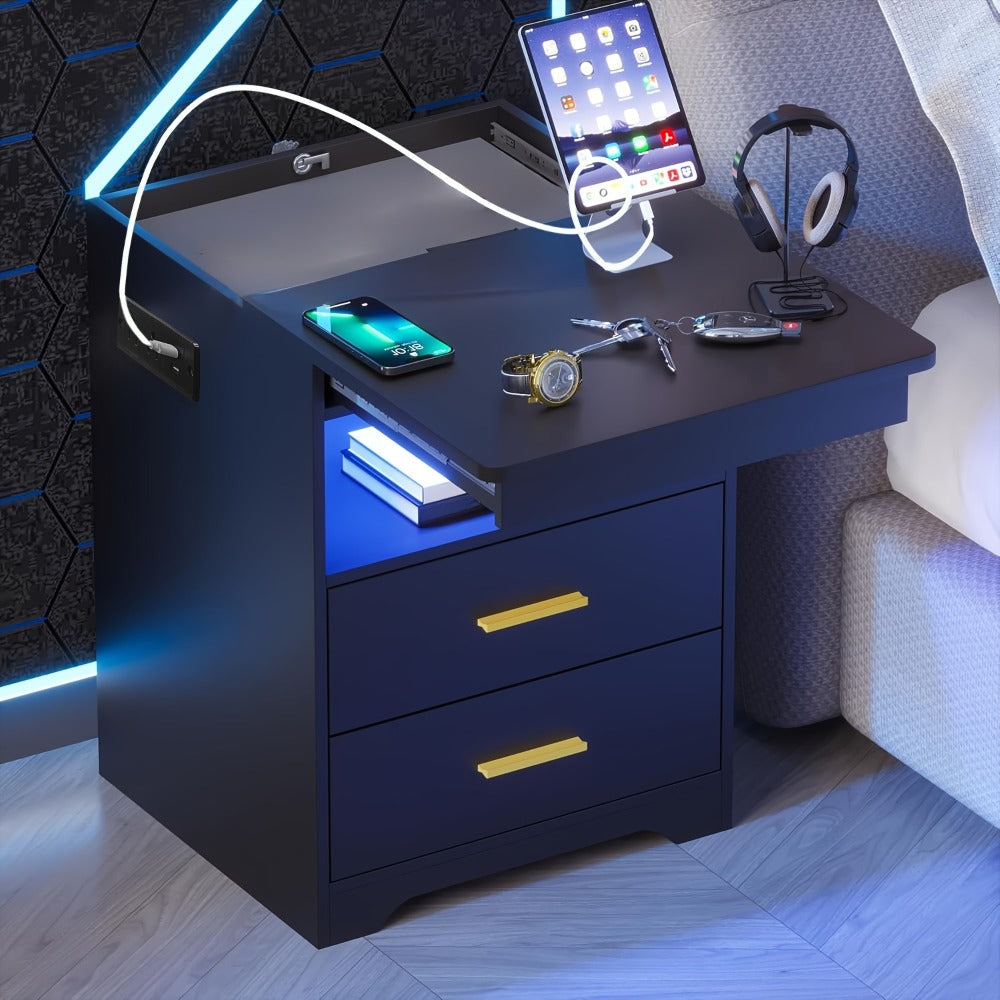 LED Nightstand with Charging Station & Hidden Drawer – 16-Color RGB Ambient Light, Open Storage Shelf, Modern Bedside Table for Bedroom Teen Guest Room Small Space, Black or White