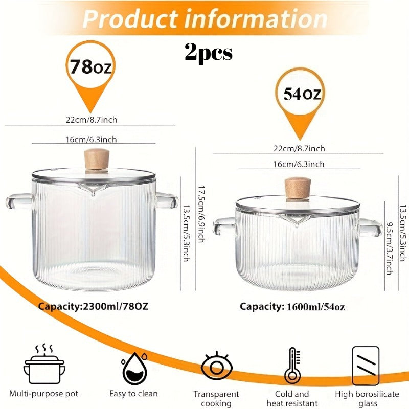 Glass Saucepan Set 2-Pack Stovetop Safe Borosilicate Ribbed Pots with Lids – 78oz & 54oz Heat Resistant Cookware for Soup, Ramen, Milk | Transparent Glass Pot Kitchen Cooking Set with Baking Mat
