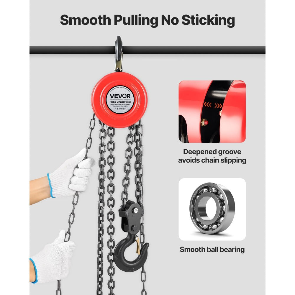 Hand Chain Hoist 2200 lb / 4400 lb Manual Chain Block with G70 Chain – 8 ft / 10 ft / 20 ft Lift Height, 360° Rotating Hooks, Security Brake, for Garage, Construction & Warehouse Lifting