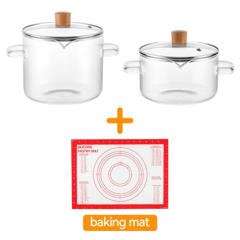 Glass Saucepan Set 2-Pack Stovetop Safe Borosilicate Ribbed Pots with Lids – 78oz & 54oz Heat Resistant Cookware for Soup, Ramen, Milk | Transparent Glass Pot Kitchen Cooking Set with Baking Mat