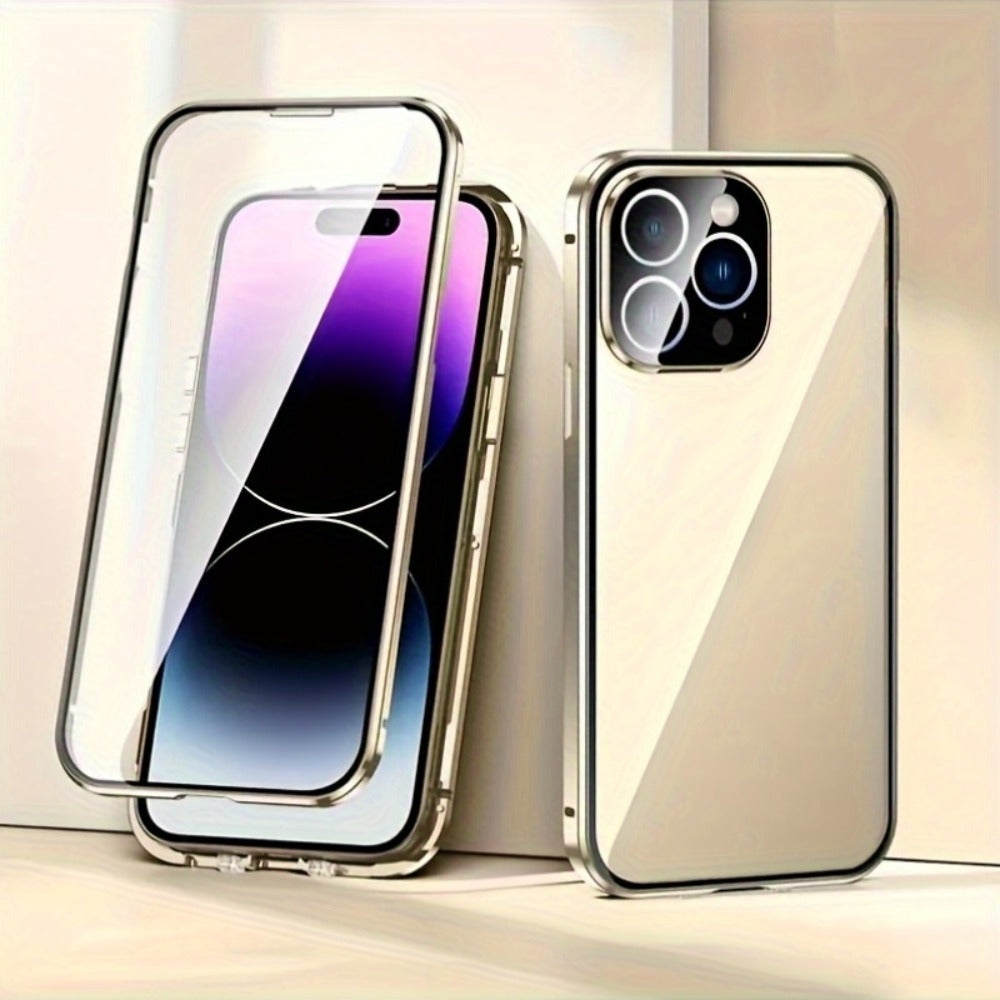 Clear Back Privacy iPhone Case with Metal Frame & Magnetic Double-Sided Tempered Glass – Anti-Peep Anti-Spy Transparent Cover for iPhone 12 13 14 15 16 Pro Max Plus, Wireless Charging Compatible