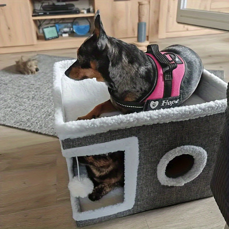 Cat House Foldable Multi-Layer 2-Tier Bed Toy Tunnel Scratching Post Plush Hanging Ball Canvas Nylon Frame All-Season Indoor Cat Cube Enclosure Gray Classic