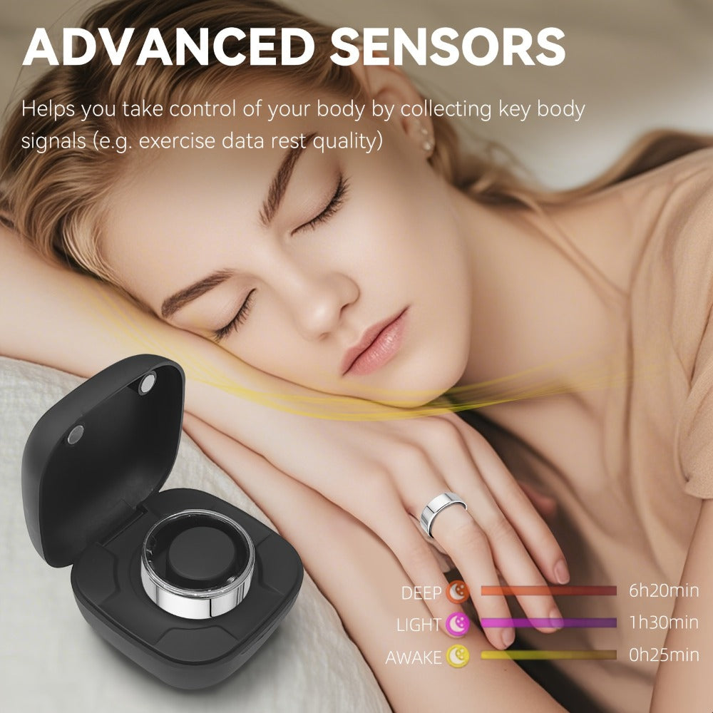 Smart Ring with Health Tracking & Charging Case – Step Count Calorie & Sleep Monitor | Long Battery | iOS & Android | Sizes #7–13 | Black Silver Gold | Minimalist Fitness Wearable Gift
