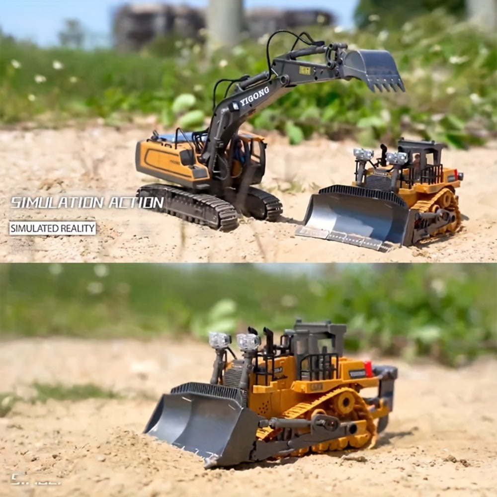 RC Construction Vehicle Toy 2.4GHz Remote Control Excavator Bulldozer Loader with Alloy Metal Cover Lights & Sound Effects – Crawler Tractor Truck for Boys Ages 8+ Birthday Christmas Gift