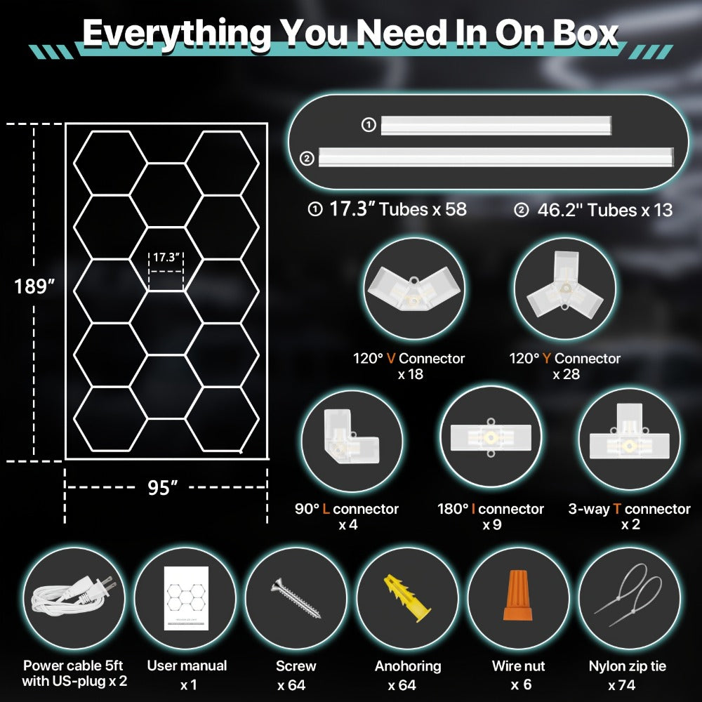 LED Hexagonal Garage Light 6500K – Super Bright Daylight White Shop Light 42W–620W for Auto Detailing, Warehouse, Workshop, Basement & Gym (1 to 32 Grids, Hex Frame Available)
