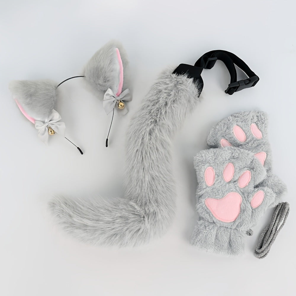 Cat Costume Set 3 Piece – Bell Ear Headband, Plush Paw Gloves & Adjustable Tail for Halloween, Cosplay, Role Play & Stage Performances, Cute Gift for Women Girls, Grey White Brown Pink
