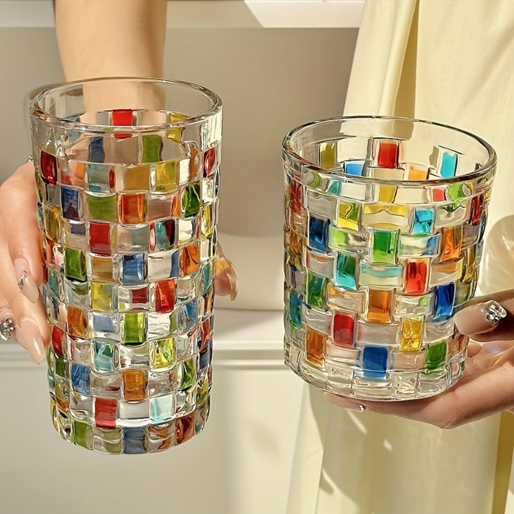 Hand-Painted Drinking Glasses Set – Colorful Square Lattice Woven Handcrafted Glass for Water, Juice, Whiskey & Beer – Artistic Decorative Glassware for Home Bar & Entertaining – 2pc or 4pc