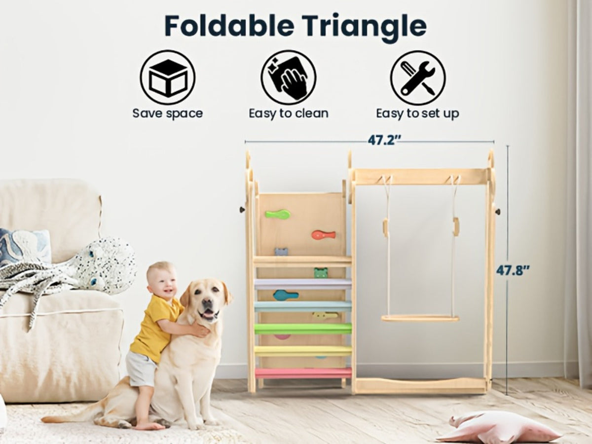 Foldable Indoor Wooden Jungle Gym for Toddlers – 4-in-1 Climbing Frame with Swing, Slide & Ladder | Ages 18M+ | Rainbow & Blue | Kids Indoor Playset for Cognitive Development & Active Play