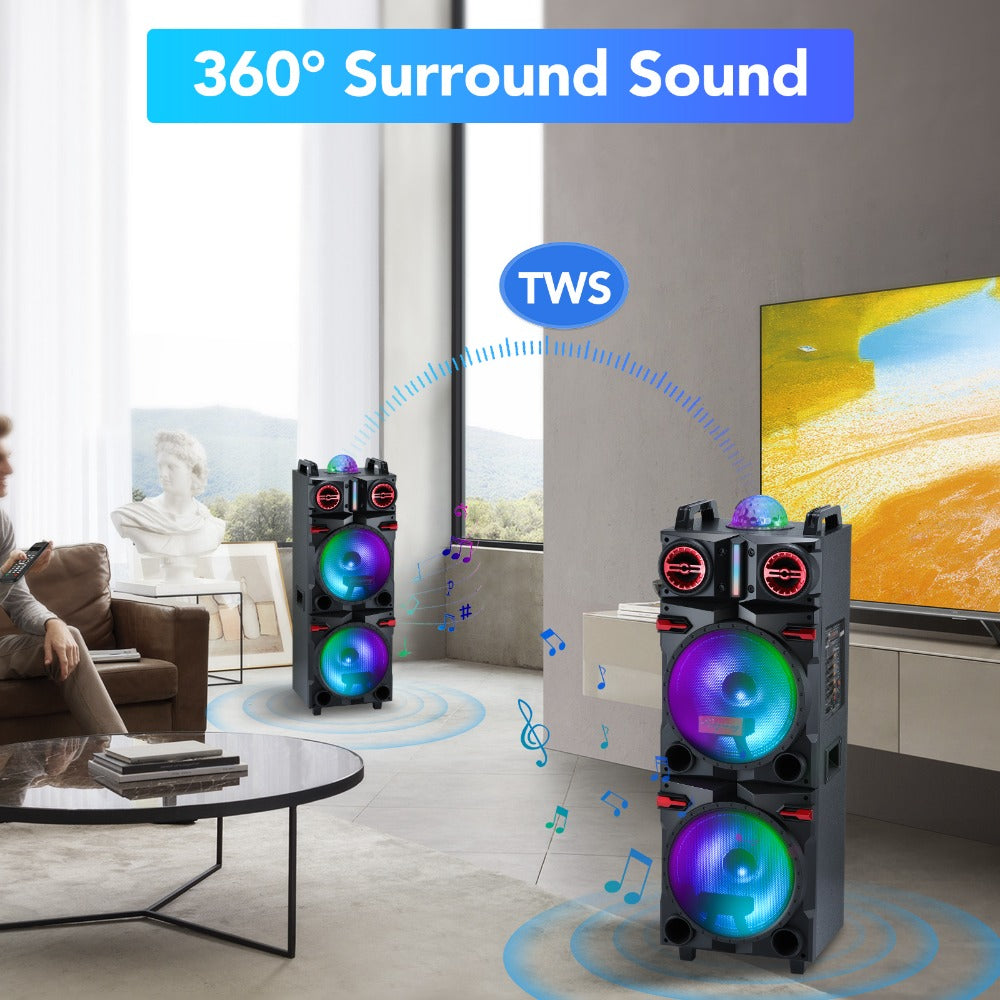 Karaoke Party Bluetooth Speaker with Sound Reactive Lights, 1000W Peak DJ Subwoofer Stereo Boombox, USB SD AUX FM Radio, Telescopic Rod Remote Control for Outdoor Indoor Party