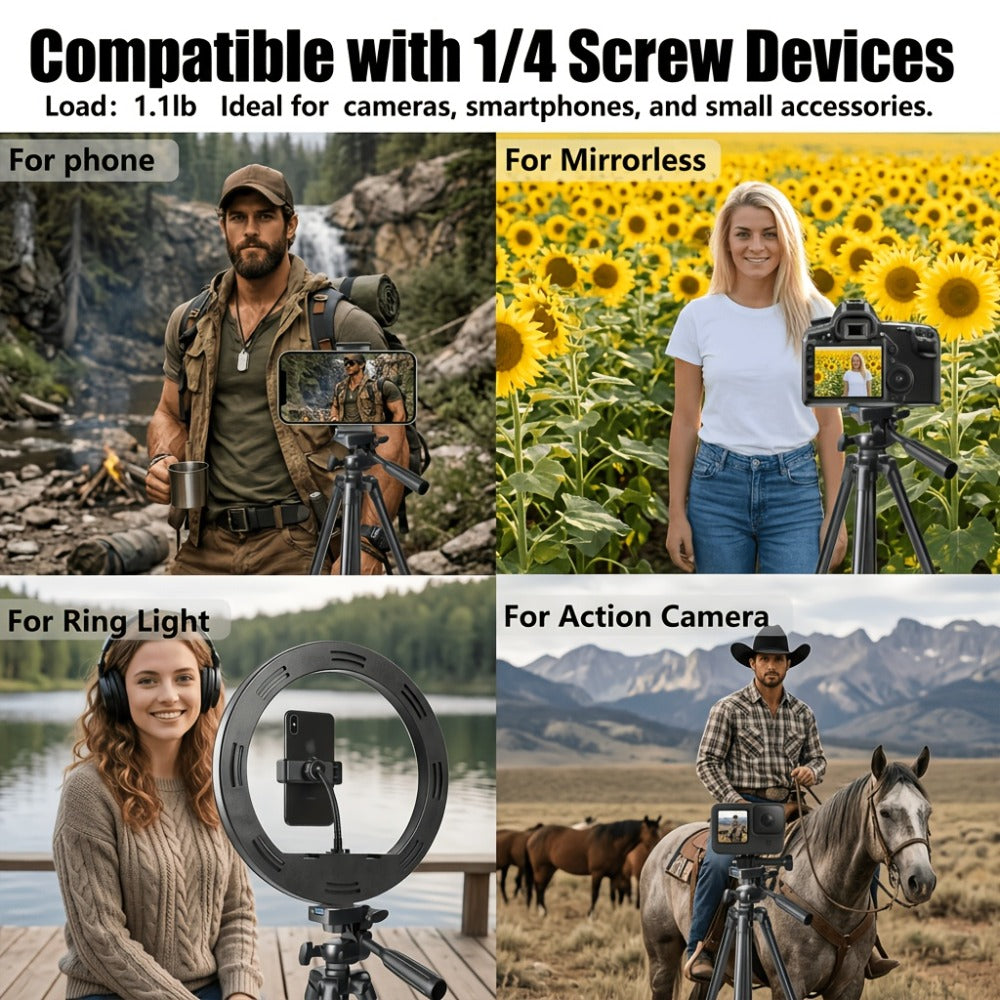 50-Inch Aluminum Travel Tripod with Phone Clip & Carrying Bag – Quick Release Plate, Universal Camera Stand for DSLR, Smartphone & Action Camera, Vlogging, Live Streaming & Outdoor Photography