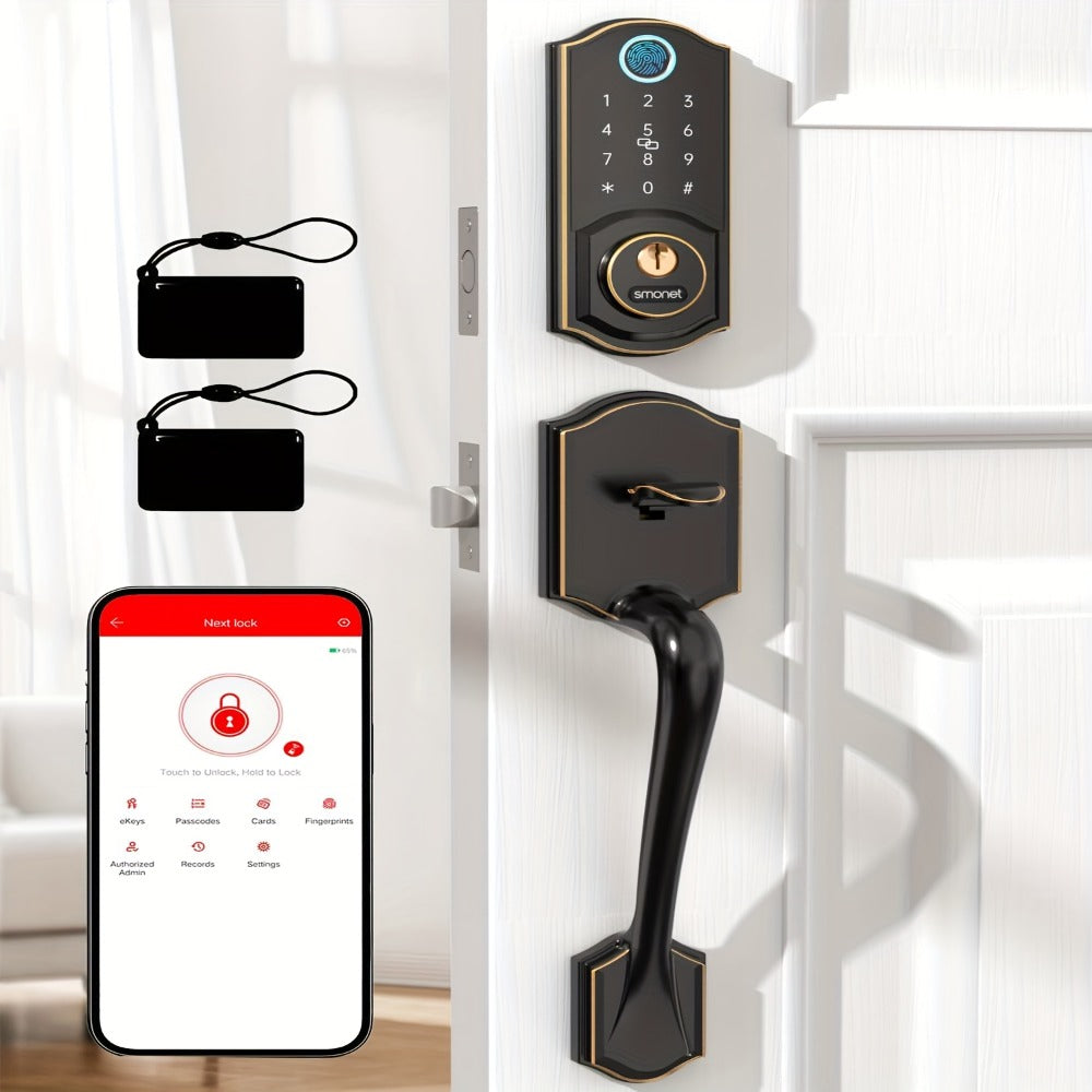 SMONET Smart Deadbolt Lock Set with Handle - Fingerprint, Bluetooth App & Keypad, Auto-Lock, Keyless Entry for Home, Office, Airbnb & Hotel, Oil Rubbed Bronze, Black & Silver