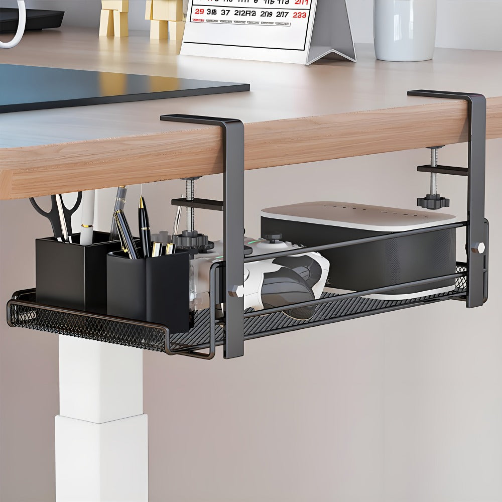 Clamp-On Cable Management Tray No Drill – Under Desk Wire Organizer Alloy Steel Mesh Holds 10 lbs | Fits 0.4"-2.4" Desks, Home Office & Gaming Setup, Black 10.63"