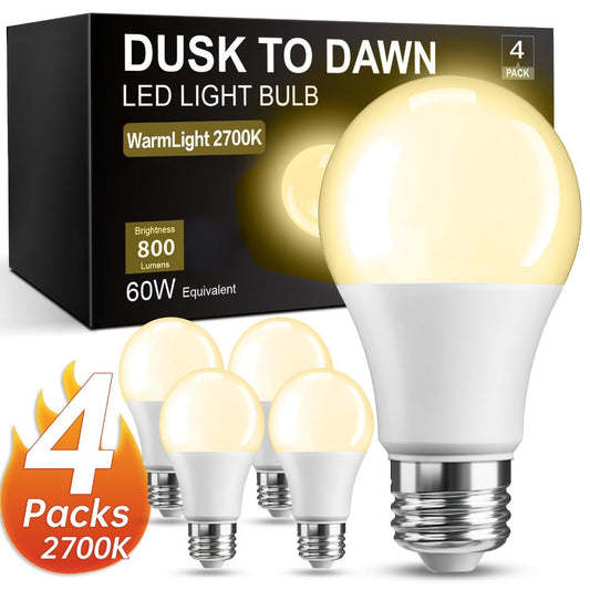 Dusk to Dawn LED Bulb 4-Pack Auto On Off Light Sensor – 9W 60W Equivalent, 2700K Warm White, E26 Base | Outdoor Porch, Garage, Pathway & Indoor Security Lighting