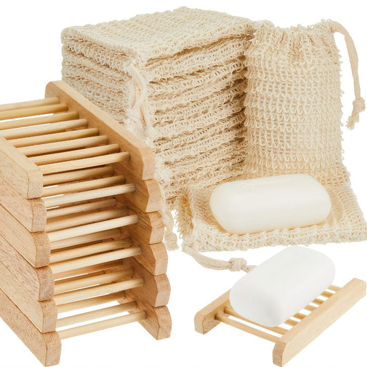 Sisal Soap Exfoliating Mesh Bags with Rectangular Wooden Holders, 60-Piece Set