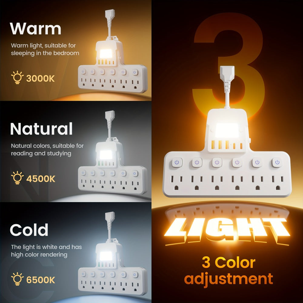 Desk Lamp Power Strip 12-in-1 with Adjustable LED Light, 6 AC Outlets & 5 USB Ports (3 USB-A + 2 USB-C), Overload Protection Surge Protector, Multi-Plug Charging Station for Office Home Travel – White & Black