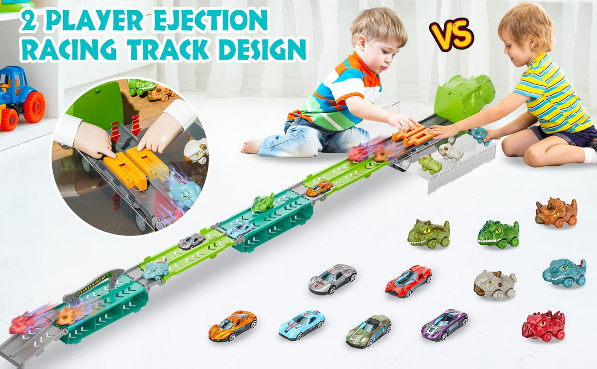 Dinosaur Truck Toy Carrier with 63-Inch Foldable Race Track, 13-in-1 Set with 12 Cars & 2-Player Racing