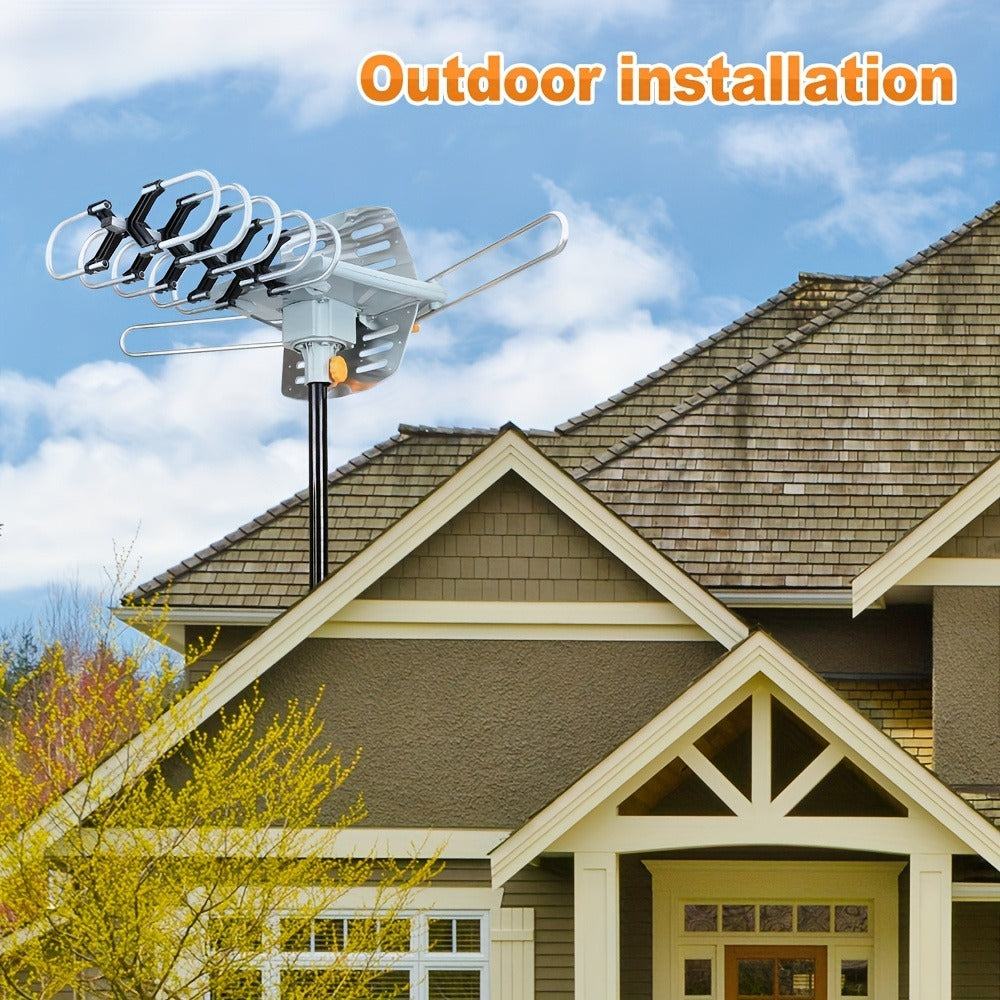 Amplified Outdoor TV Antenna 150 Mile Range – Motorized 360° Rotation, UHF VHF 4K 1080P, Wireless Remote, Supports 2 TVs, 33ft RG6 Coax Cable, Coaxial Grounding Block & Installation Rod Included