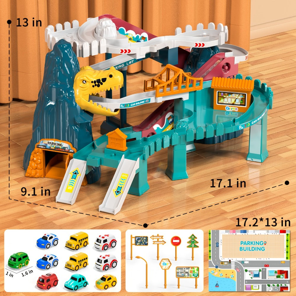Dinosaur Race Track Toy Set – Multi-Level Dino Car Track with Ramp Launcher & 10 Mini Cars