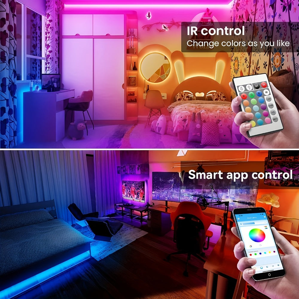 RGB LED Strip Lights Music Sync Color Changing – App & 24-Key Remote Control Dimmable Timer Adhesive LED Light Strip for Bedroom Dorm Ceiling TV Holiday Decor – 6.56FT to 260FT