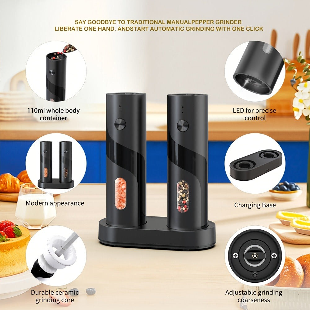 Electric Salt and Pepper Grinder Set – Rechargeable Automatic Mills with LED Light, Adjustable Coarseness & 3.72oz Capacity for Home Kitchen, BBQ, Restaurant & Outdoor Entertaining