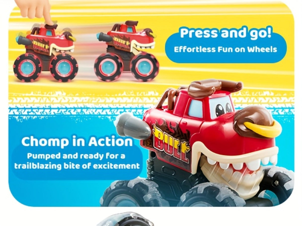Monster Truck Toy 3-Pack with LED Lights, Press-and-Go Shark, Bull & Dinosaur