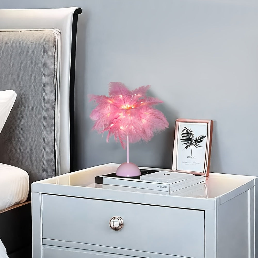 Feather LED Table Lamp – 40-Head Copper Wire Night Light, Romantic Atmosphere Lamp for Bedroom Living Room, Cute Desk Decor Light for Birthday Valentine's Day Gift (White / Pink, 1pc / 2pcs)