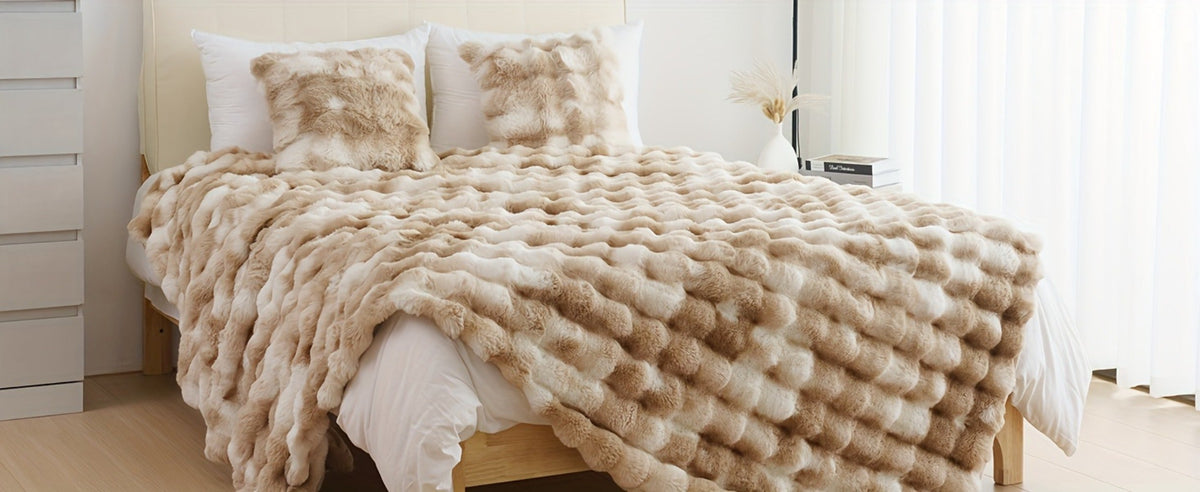 Faux Rabbit Fur Throw Blanket – Ultra-Soft Plush Fleece for Bed, Couch, Sofa & Travel, All Season, 11 Colors, Throw to King Size