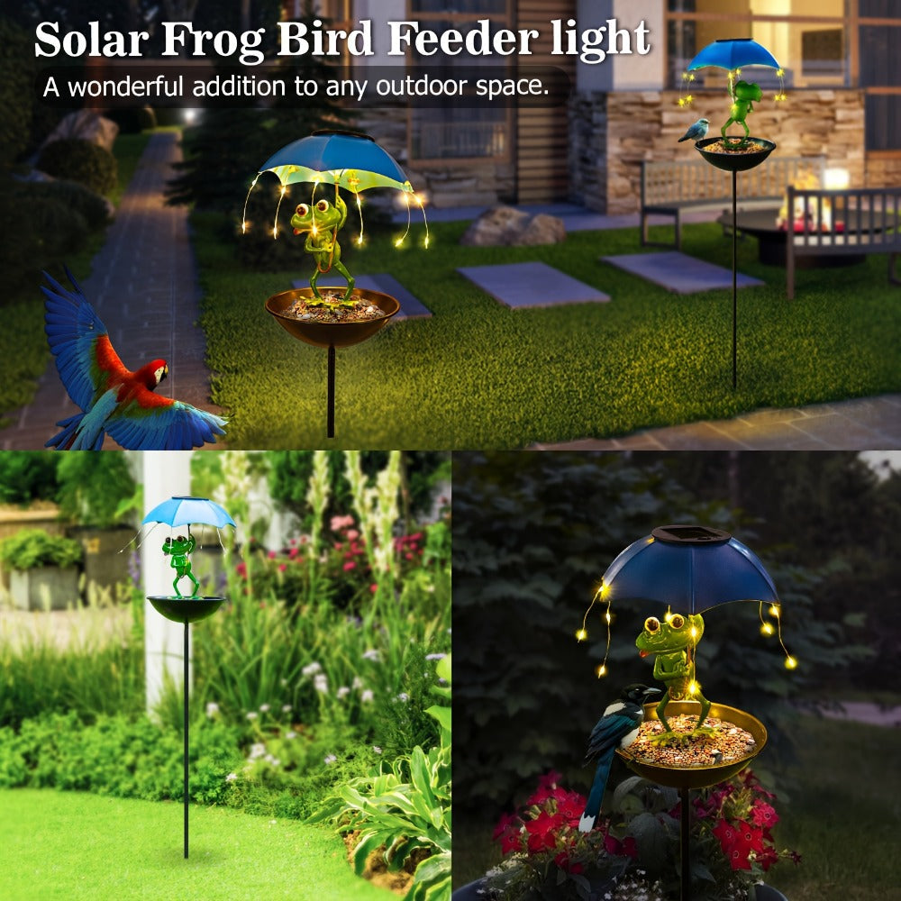Solar Garden Decor Frog with Umbrella LED Light – Iron Frog Outdoor Statue with Solar Powered LED | Bird Feeder Garden Ornament for Patio, Lawn, Pathway & Deck | Unique Valentine Gift Yard Decoration