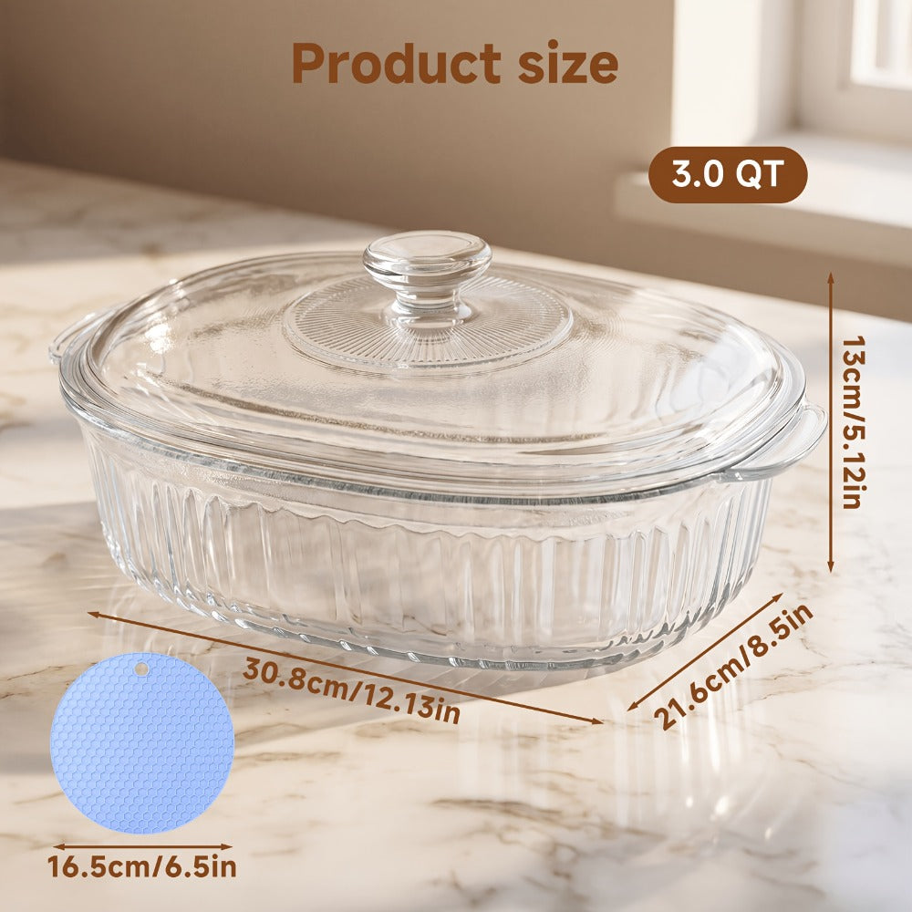 Borosilicate Glass Baking Dish with Lid 96oz – Oval Casserole Pan Microwave Oven Fridge Safe | Multi-Use for Baking, Meal Prep, Grilled Fish, Salad & Food Serving | Kitchen Bakeware with Cover