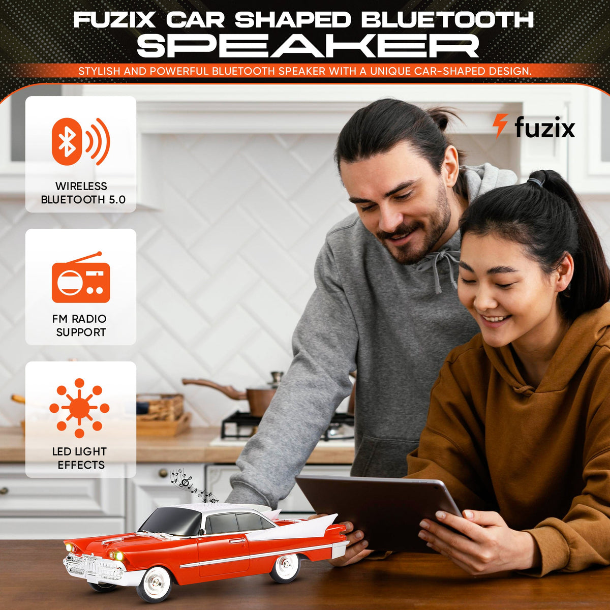 Retro Car Bluetooth Speaker with LED Headlights & Taillights, Fuzix WS-1965 Wireless Portable Stereo Speaker, AUX/USB/TF/FM Radio, Built-in Mic, Rechargeable Battery, Gift for Car Enthusiasts