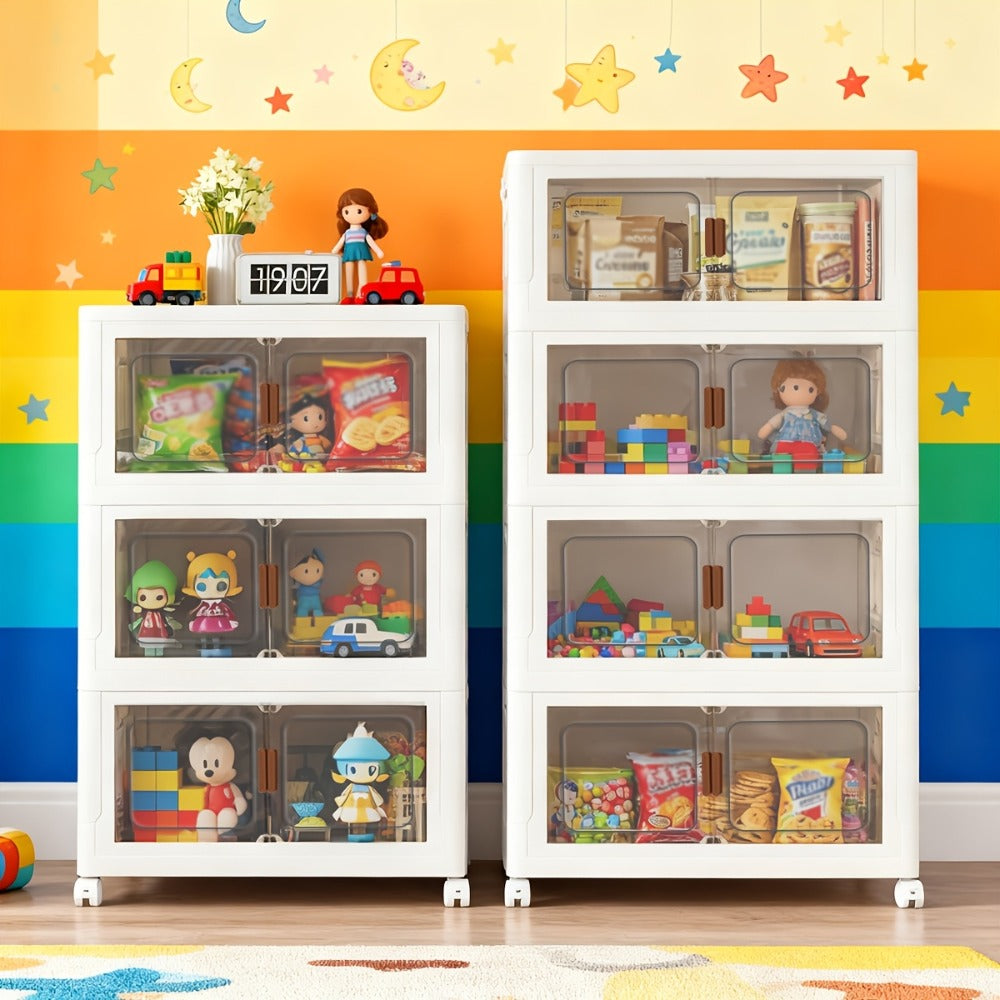 Stackable Foldable Storage Cabinet with Door – PP Plastic 1/2/3/4/5 Layer Organizer Box with Wheels & Cover | Dual-Access Home Storage for Clothes, Books, Snacks & Kitchen Supplies | Office & Garage