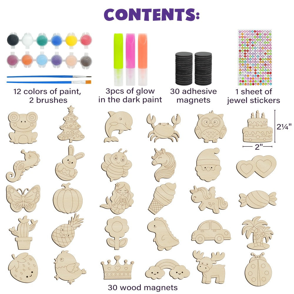 DIY Wooden Magnet Craft Kit, 30 Pieces, Glow-in-the-Dark Paint