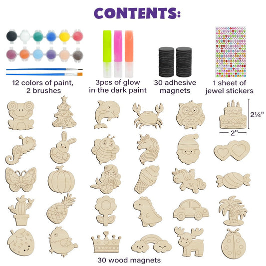 DIY Wooden Magnet Craft Kit, 30 Pieces, Glow-in-the-Dark Paint
