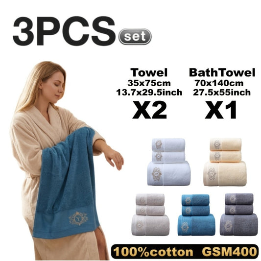 Embroidered Cotton Towel Set, 3-Piece with 2 Hand Towels and 1 Bath Towel, 400 GSM