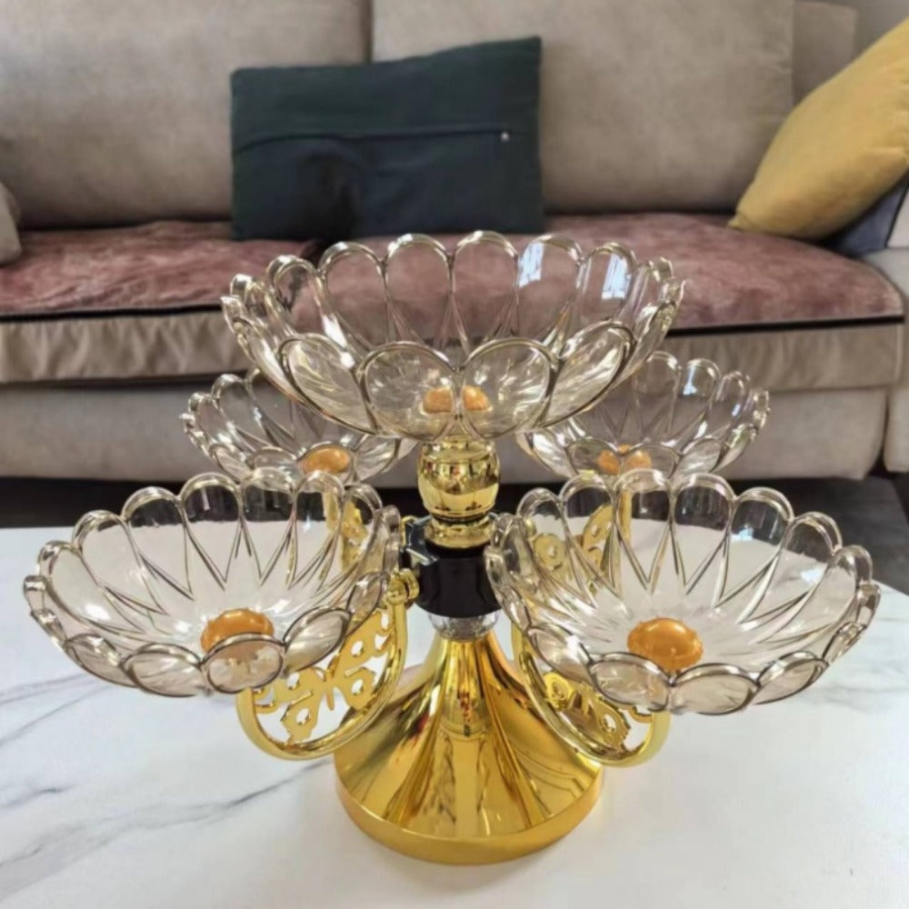 Crystal Rotating Fruit Plate Set 5-Tier – Luxury Round Multi-Layer Snack Candy Dish Bowl for Living Room Coffee Table Home Decor European Style Elegant Dessert Display Centerpiece Gift