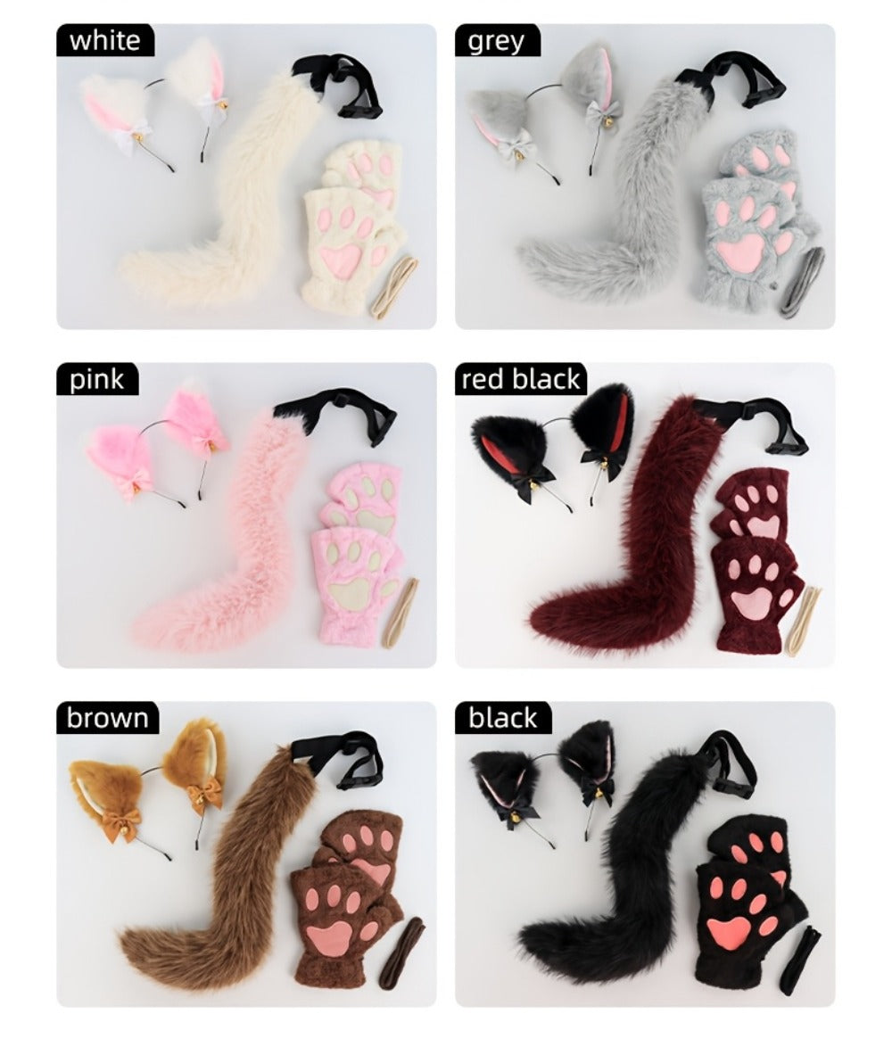 Cat Costume Set 3 Piece – Bell Ear Headband, Plush Paw Gloves & Adjustable Tail for Halloween, Cosplay, Role Play & Stage Performances, Cute Gift for Women Girls, Grey White Brown Pink