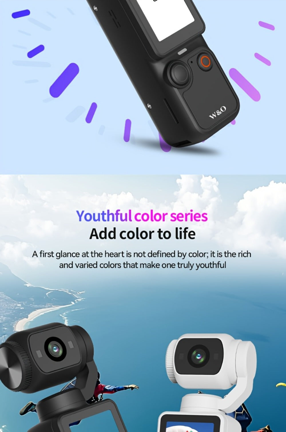W&O Pocket Camera with Webcam Function | 1.9" Screen, 180° Rotating Shot, 2000mAh Battery, USB-C Charging, 32G Card, Outdoor Sports Cam for Cycling, Travel & Personal Use – Birthday & Christmas Gift