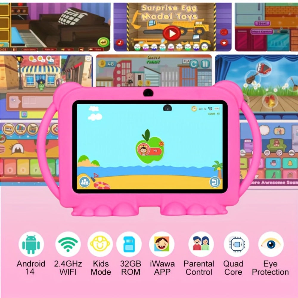 Kids Tablet 7 Inch Android 14 with 4GB RAM 32GB ROM, IPS Eye Protection Screen, Parental Controls & Pre-Installed Apps – WiFi Learning Tablet for Boys & Girls Ages 3-10