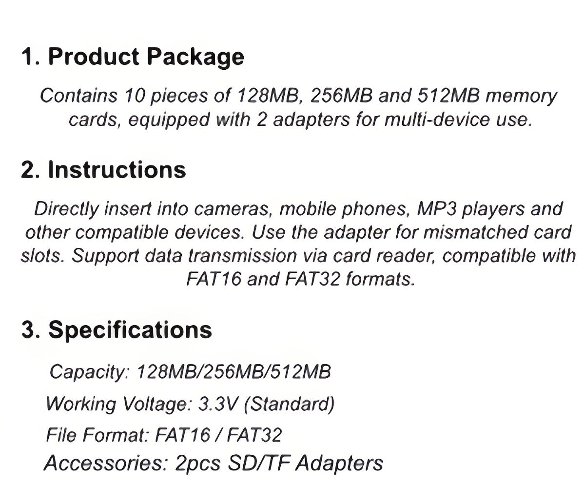 10-Pack TF Micro SD Cards 128MB 256MB 512MB with 2 SD Adapters – High-Speed Flash Memory Cards for Dash Cameras, Tablets, Smartphones, Cameras & IoT Devices, Bulk Memory Card Set