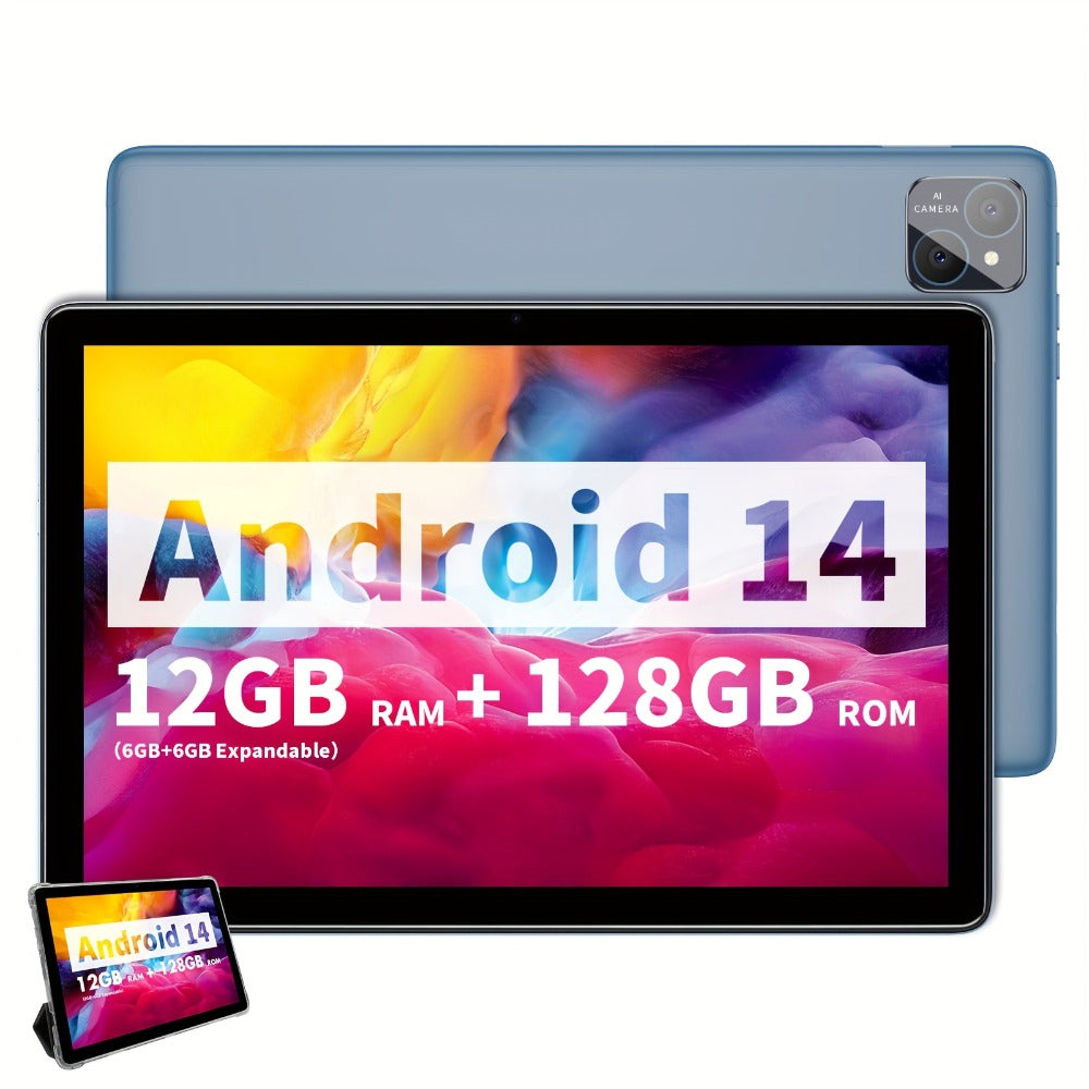 VASOUN 10.1 Inch Android 14 Tablet with Case | 12GB RAM 128GB ROM, 8000mAh Battery, Octa-Core T606, SIM Card Slots, Dual Camera, IPS HD Display, Wi-Fi, Phone Tablet PC for Home Travel Work