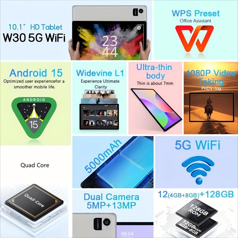 CRELANDER W30 Android 15 Tablet 12GB RAM 128GB ROM 2-in-1 with Keyboard Mouse Stylus Pen & Case, 2.4G/5G WiFi, GMS Certified, GPS, 1TB Expandable Storage, Dual Camera, Portable Tablet PC for Work Study