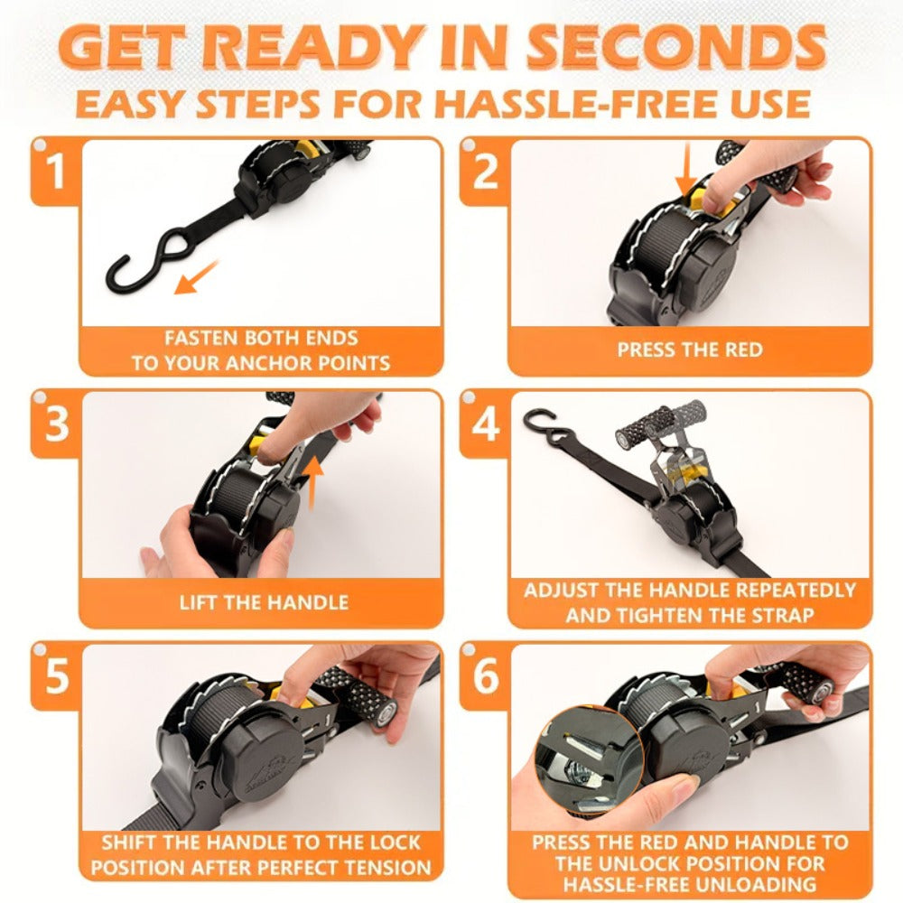 Self-Retracting Tie Down Straps 10 Feet Heavy Duty Ratchet Cargo Straps – Auto Retract for Truck Trailer Motorcycle Moving & Appliances, 1pc or 2pc Pack