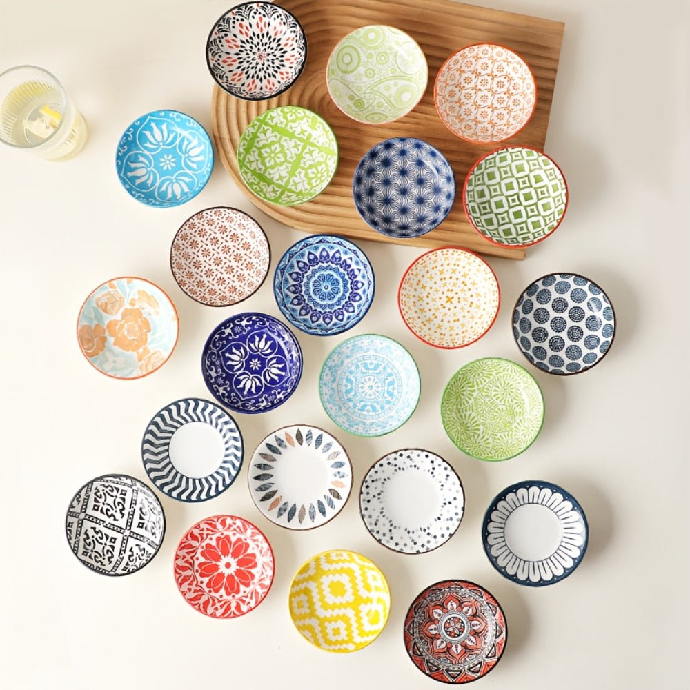 Dipping Sauce Dish Set 10/12 Piece Bohemian Ceramic – Colorful Small Plates for Soy Sauce Vinegar Spices Condiments Sushi Bar Restaurant Kitchen Party Boho Snack Seasoning Plate