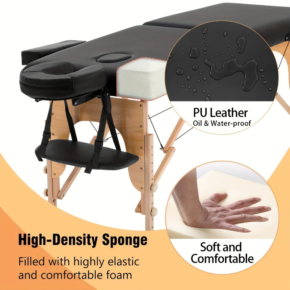 2-Fold Portable Massage Table with Face Cradle & Carrying Bag — Adjustable Height PU Leather Lash Bed for Spa, Tattoo, Esthetician & Home Use, 6 Colors, 2 Sizes
