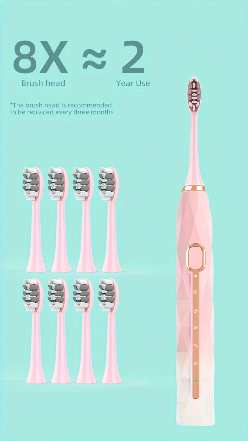 IPX8 Sonic Electric Toothbrush with 8 Replacement Brush Heads — Metal Shaft, USB Rechargeable 500mAh, Travel Case & Holder, Deep Plaque Removal for Adults Men & Women, 5 Colors