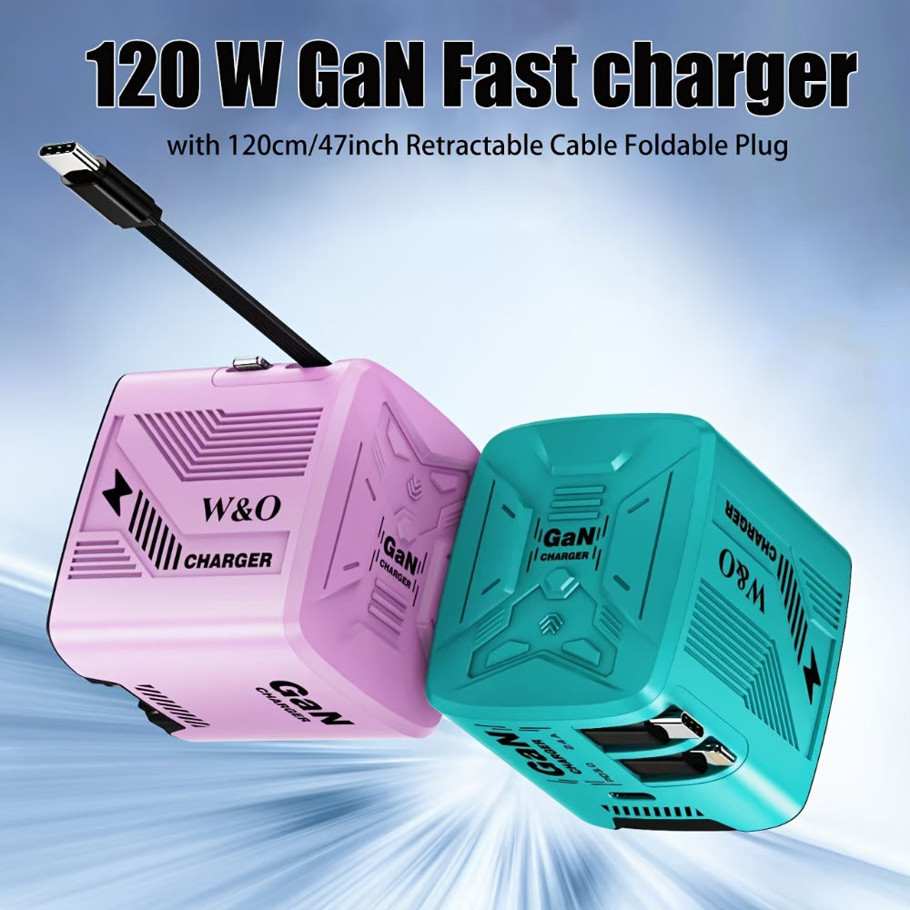 GaN Wall Charger 120W Fast with Retractable Built-In Cable & Foldable Plug – Compact Portable Travel USB-C Adapter for iPhone 17 16 15 14 Pro Max, Samsung Galaxy Ultra, Android Devices, 6 Colors