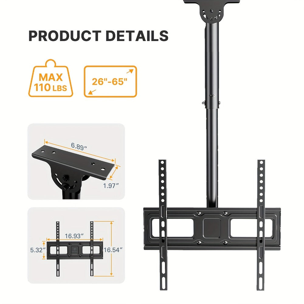 360° Swivel Ceiling TV Mount Height Adjustable 26-65 Inch 110 lbs – Full Motion Rotating Pole Bracket, Tilt ±15°, VESA 400x400mm, Fits Level & Sloped Ceilings, for Home Restaurant Gym, Black