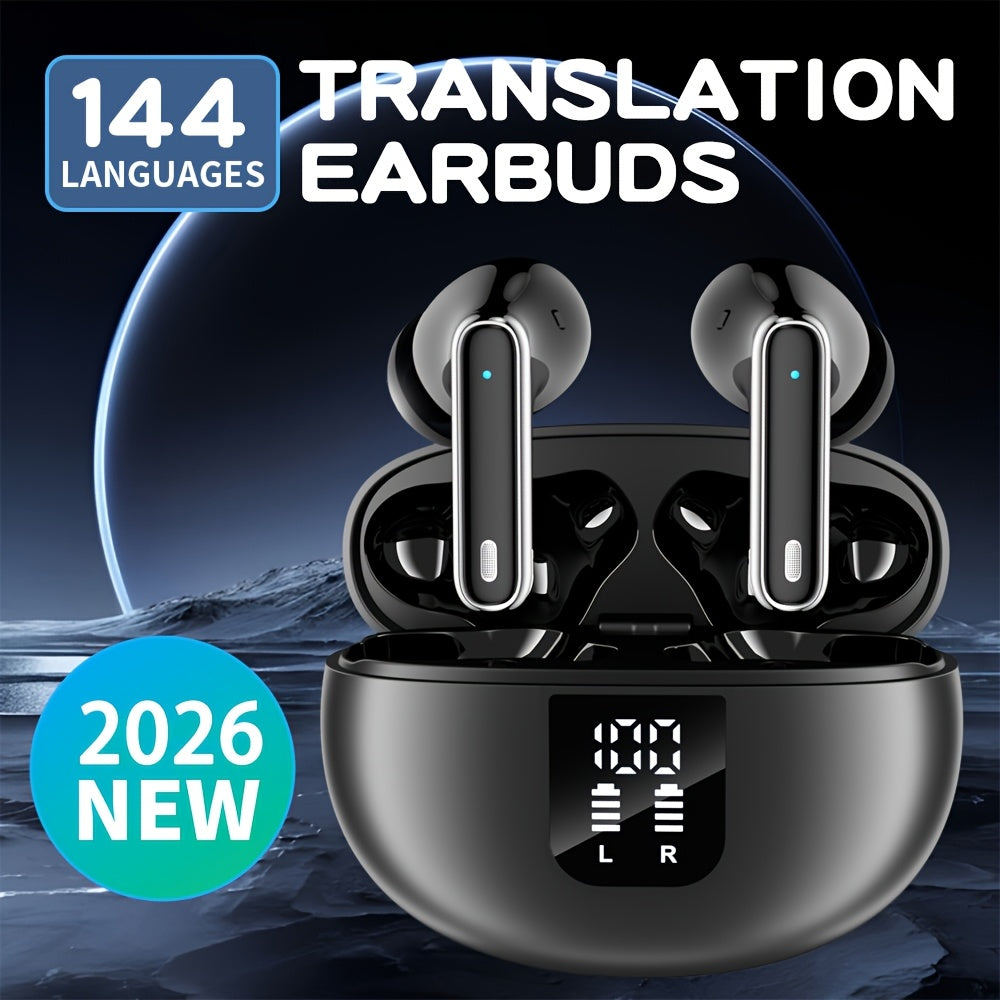6-Mic AI Translation Earphones 3-in-1 Smart Noise Cancelling, Translate 144 Languages HiFi Sound Long Battery Life, Universal Smartphone Wireless Earbuds for Business Travel Meetings International Use